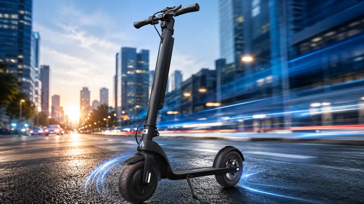 METRO City electric scooter on a city street at speed, motion blur lighting