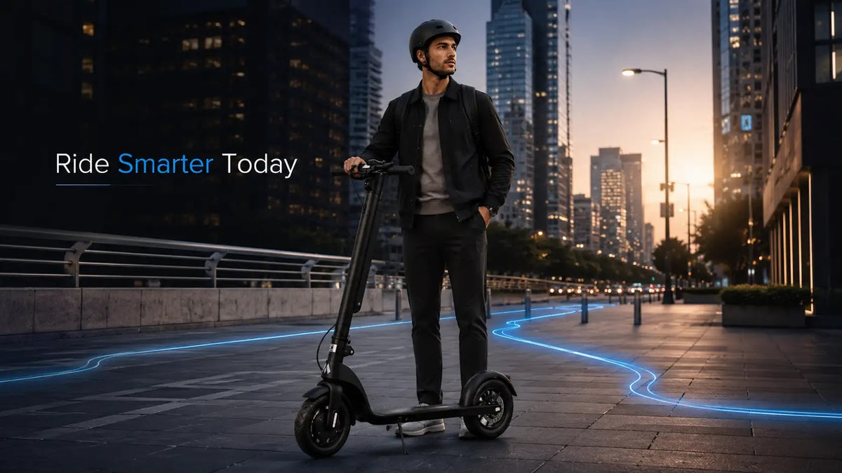 Commuter holding a phone beside a parked electric scooter