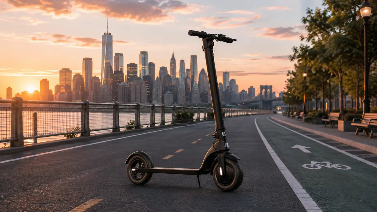 Electric scooter beside a city route map