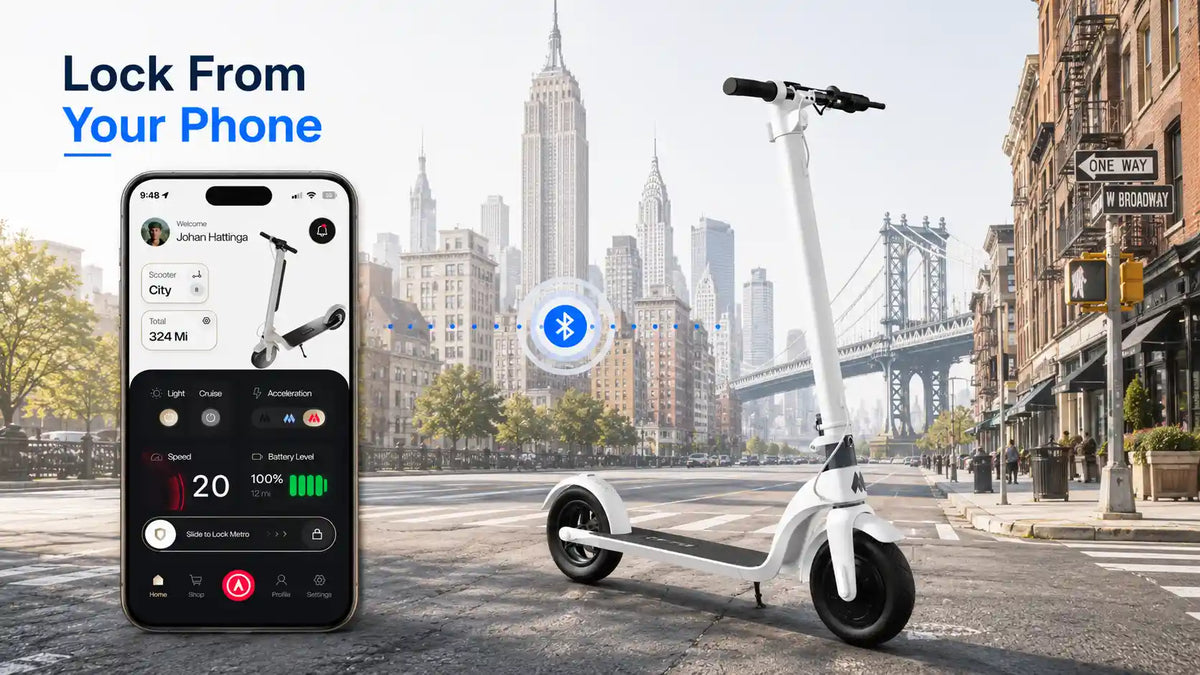 Electric scooter secured beside a fixed rack
