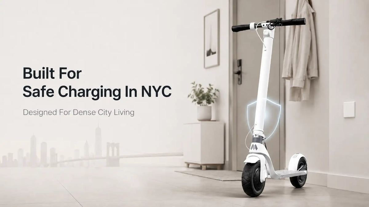 METRO City Pro electric scooter on a New York City street - a UL 2271 and UL 2272 certified model built to reduce battery fire risk